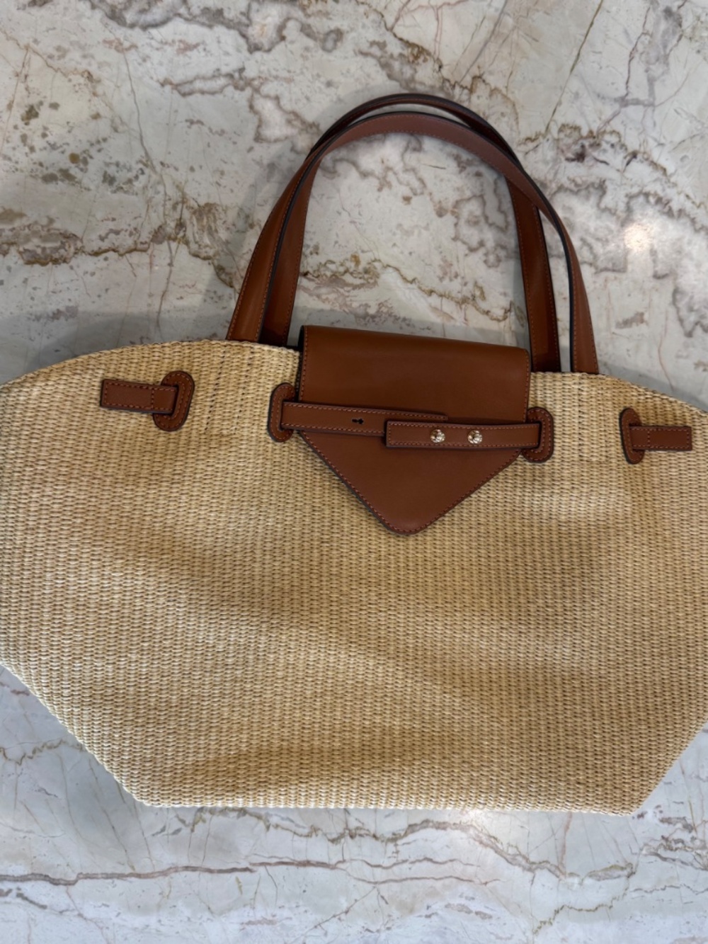 Tuckernuck Raffia Blaine Tote. Straw colored raffia w/ camel cow leather trim - Picture 5 of 9